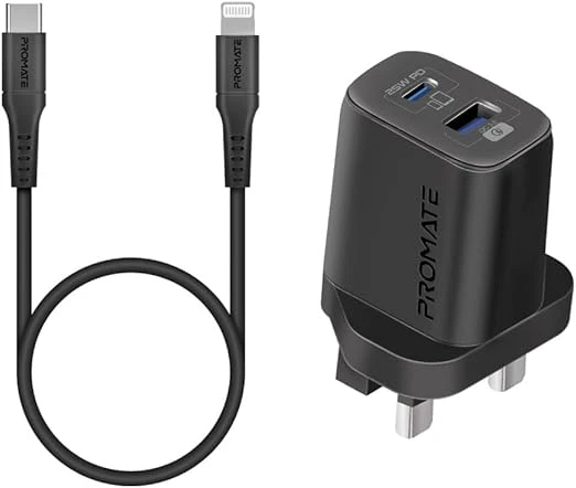 PROMATE iPhone 15 Dual Port AC Charger with USB-C to Lightning Cable, 25 Watt Power Delivery Port, 480 Mbps Data Sync, 1.2 meter Length