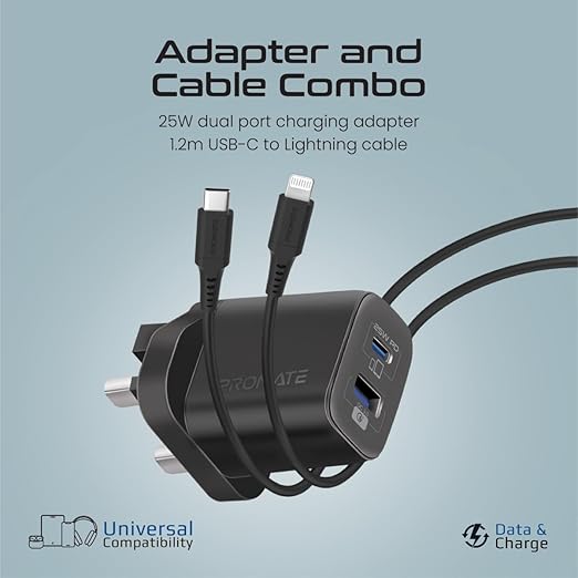 PROMATE iPhone 15 Dual Port AC Charger with USB-C to Lightning Cable, 25 Watt Power Delivery Port, 480 Mbps Data Sync, 1.2 meter Length - Image 2