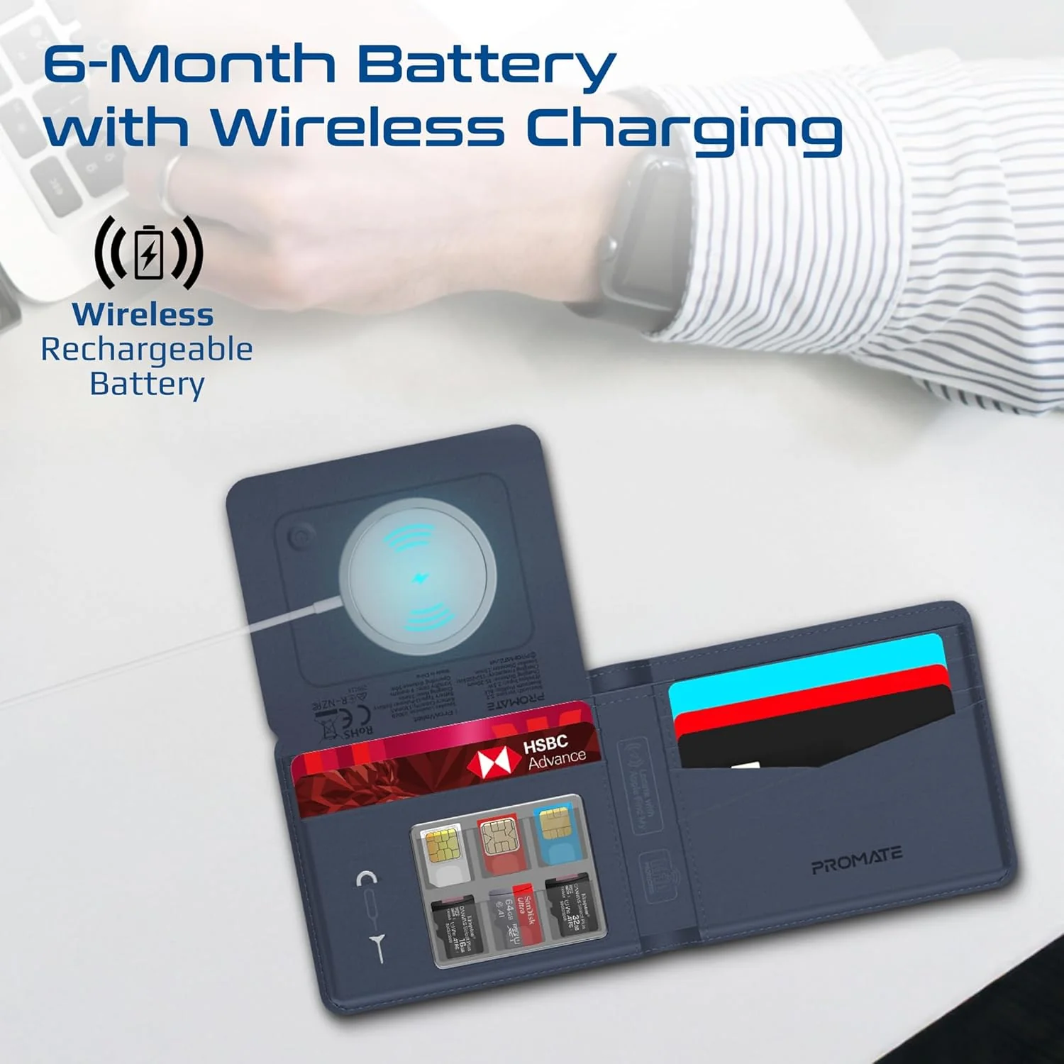 Promate ProWallet Anti-Loss Leather Wallet with Apple Find My, Wireless Charging, RFID Protection, Built-in Speaker, Bluetooth 5.2, Slim Design, SIM/MicroSD Slots, 6 Month Battery Life - Image 5