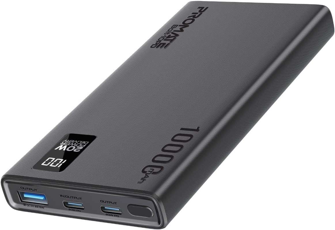 Promate Universal 10000mAh Ultra-Slim Power Bank, with 20W USB-C Input/Output Port, QC 3.0 Output, USB-C Ports, LCD Screen and Over-Heating Protection for Smartphones and Tablets, Bolt-10PD