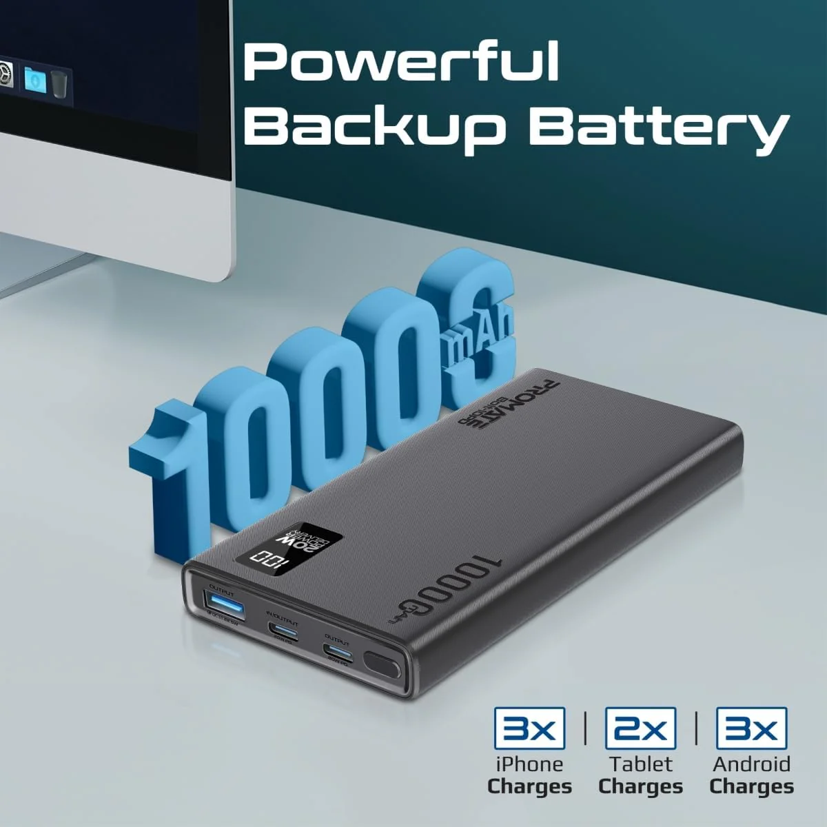 Promate Universal 10000mAh Ultra-Slim Power Bank, with 20W USB-C Input/Output Port, QC 3.0 Output, USB-C Ports, LCD Screen and Over-Heating Protection for Smartphones and Tablets, Bolt-10PD - Image 2