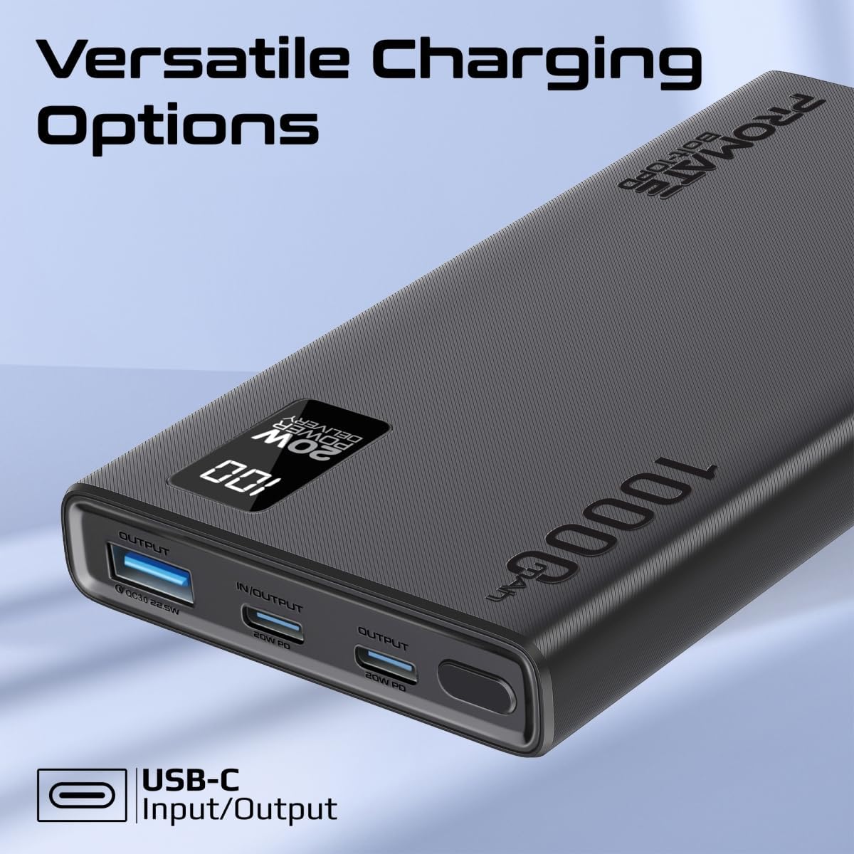 Promate Universal 10000mAh Ultra-Slim Power Bank, with 20W USB-C Input/Output Port, QC 3.0 Output, USB-C Ports, LCD Screen and Over-Heating Protection for Smartphones and Tablets, Bolt-10PD - Image 3