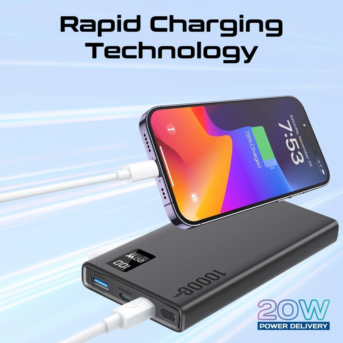 Promate Universal 10000mAh Ultra-Slim Power Bank, with 20W USB-C Input/Output Port, QC 3.0 Output, USB-C Ports, LCD Screen and Over-Heating Protection for Smartphones and Tablets, Bolt-10PD - Image 4