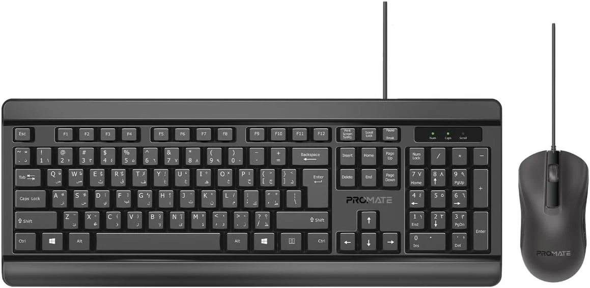 Promate Wired Keyboard and Mouse Combo, Ergonomic Slim Full-Size Quiet Keyboard, 2400 DPI Ambidextrous Mouse, Spill-Resistance, Media Keys, Plug and Play for iMac, MacBook Pro, English/Arabic Layout