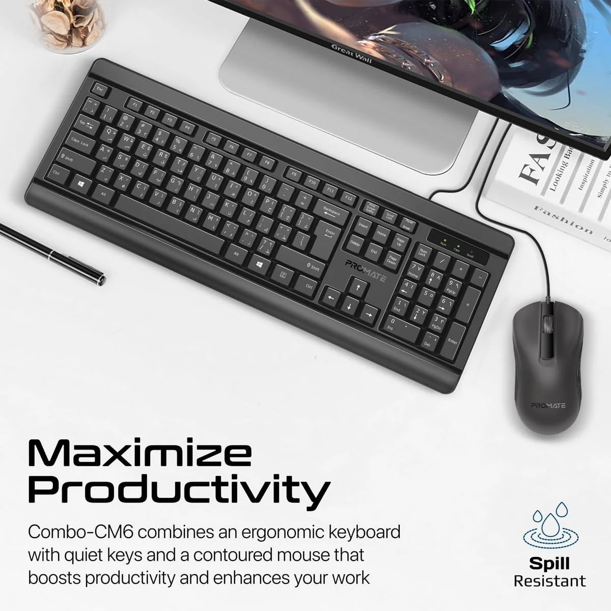 Promate Wired Keyboard and Mouse Combo, Ergonomic Slim Full-Size Quiet Keyboard, 2400 DPI Ambidextrous Mouse, Spill-Resistance, Media Keys, Plug and Play for iMac, MacBook Pro, English/Arabic Layout - Image 3