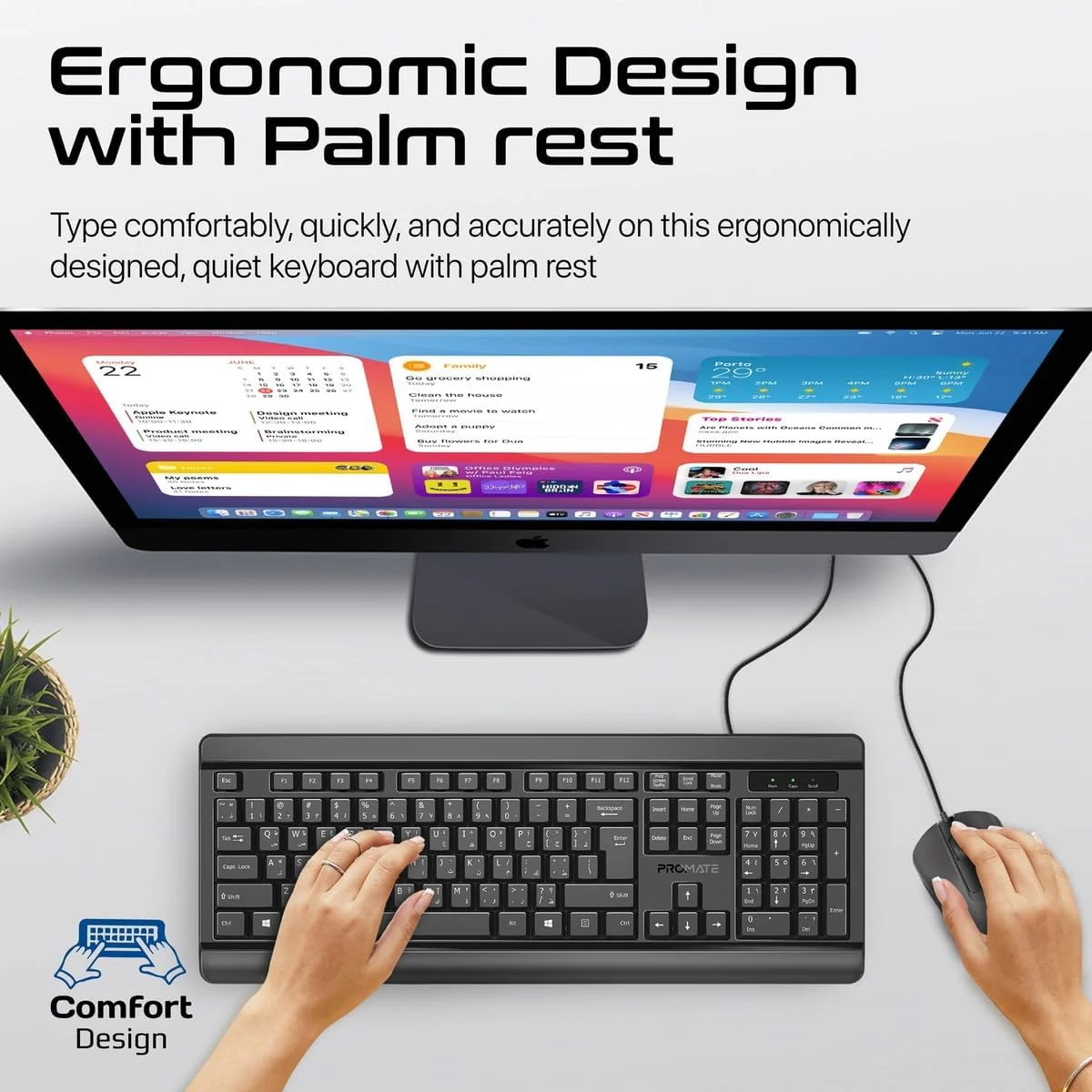 Promate Wired Keyboard and Mouse Combo, Ergonomic Slim Full-Size Quiet Keyboard, 2400 DPI Ambidextrous Mouse, Spill-Resistance, Media Keys, Plug and Play for iMac, MacBook Pro, English/Arabic Layout - Image 4