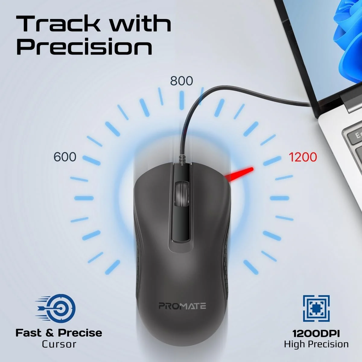 Promate Wired Keyboard and Mouse Combo, Ergonomic Slim Full-Size Quiet Keyboard, 2400 DPI Ambidextrous Mouse, Spill-Resistance, Media Keys, Plug and Play for iMac, MacBook Pro, English/Arabic Layout - Image 7