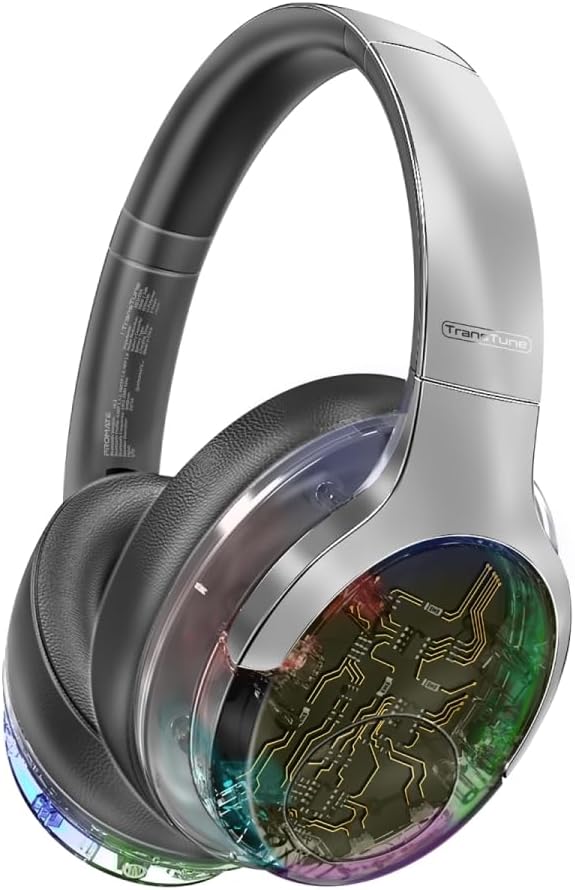 Promate Wireless Headphones, Hi-Fidelity Transparent ANC Bluetooth v5.3 Headset, RGB Lights, Mic, Foldable Design, 40H Playtime, 600mAh Battery, 3.5mm Jack for iPhone15, Galaxy S25, TRANSTUNE.SILVER