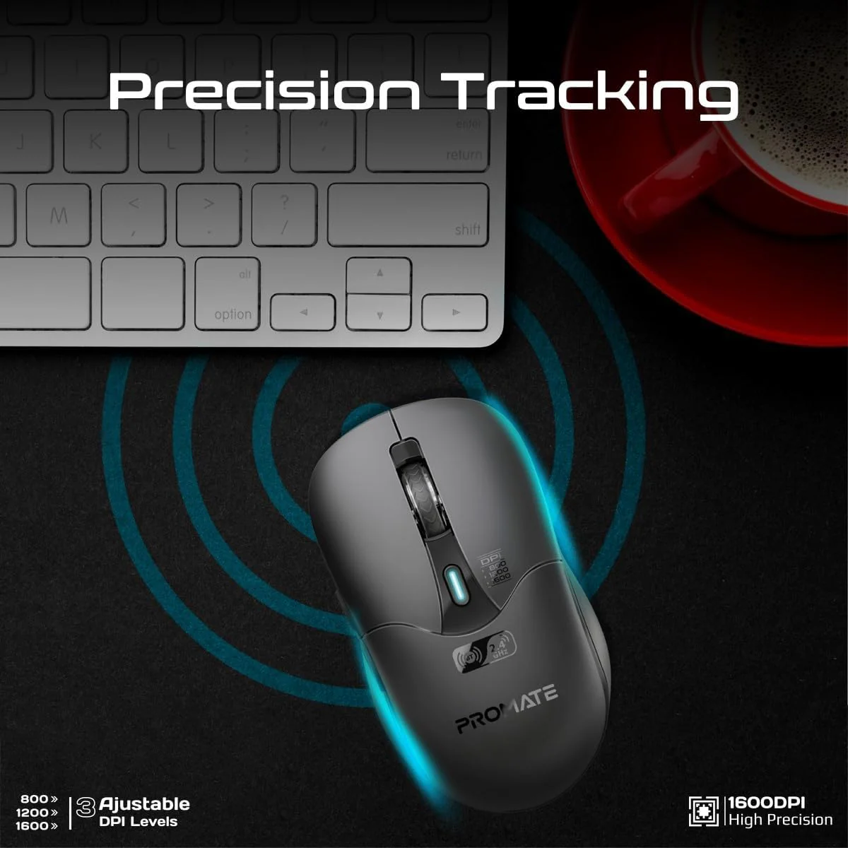 Promate Wireless Mouse, Ergonomic 500mAh Rechargeable Mice, Dual Mode Connectivity, Bluetooth v5.1, 2.4Ghz Transmission, Adjustable 1600DPI, 6 Functional Buttons for MacBook, Dell, Asus, SAMO.BLACK - Image 2
