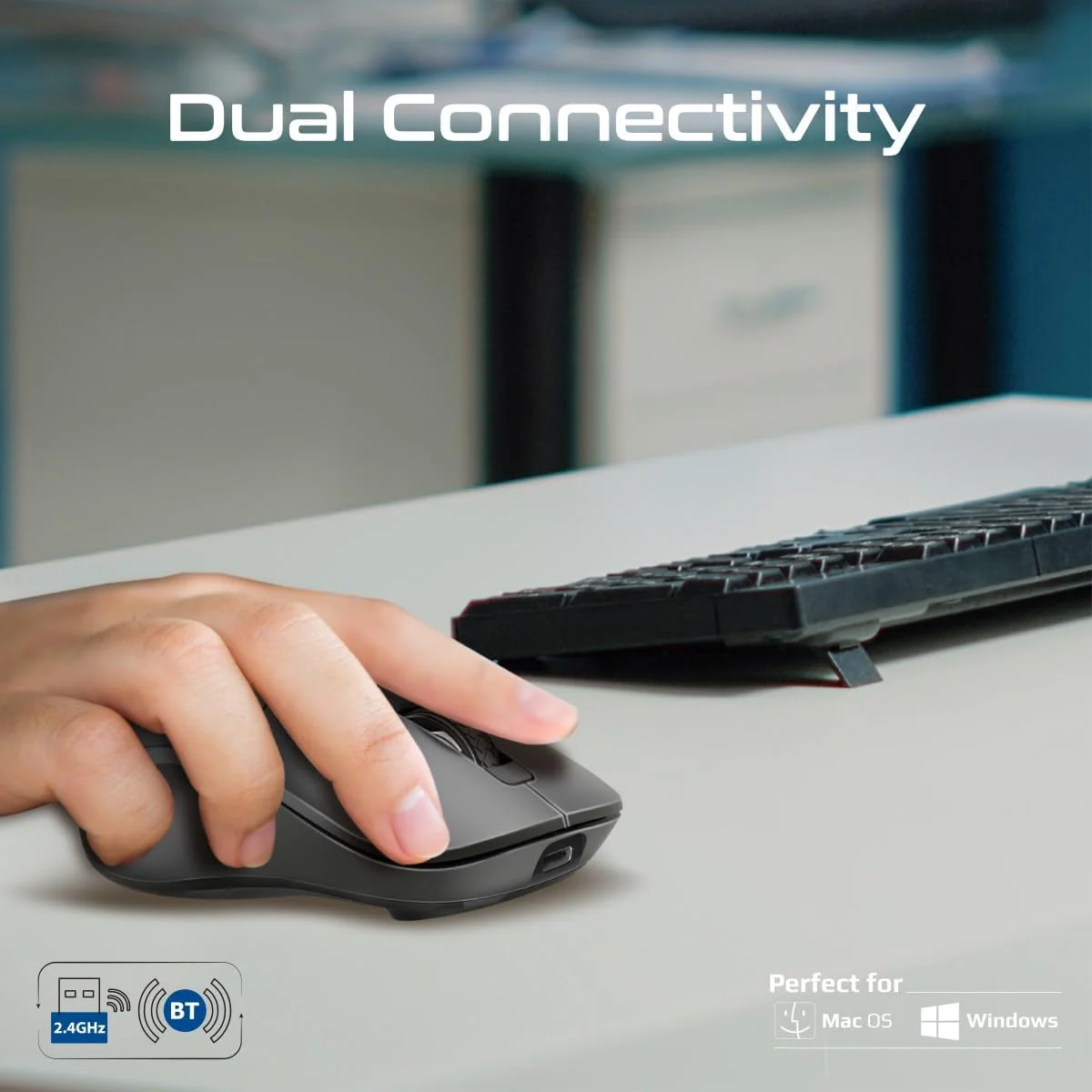 Promate Wireless Mouse, Ergonomic 500mAh Rechargeable Mice, Dual Mode Connectivity, Bluetooth v5.1, 2.4Ghz Transmission, Adjustable 1600DPI, 6 Functional Buttons for MacBook, Dell, Asus, SAMO.BLACK - Image 3