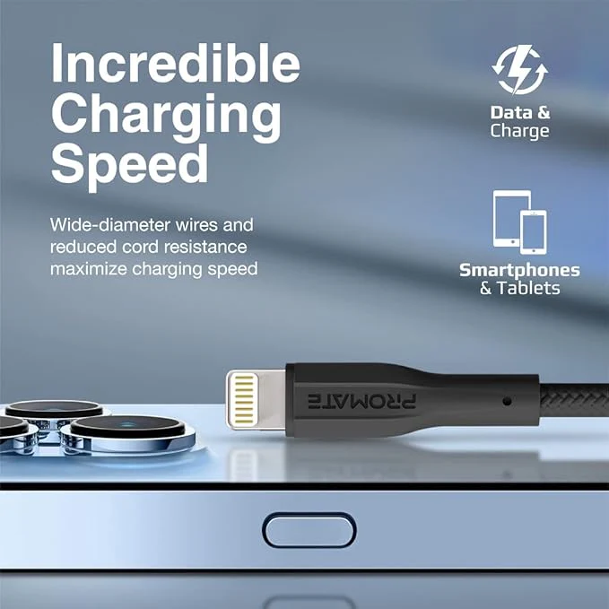 PROMATE High Tensile USB-A to Lightning Cable 1 meter, 10 Watt with 480 Mbps Data Transfer, XCord-Ai Black - Image 2