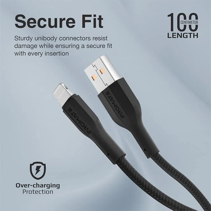 PROMATE High Tensile USB-A to Lightning Cable 1 meter, 10 Watt with 480 Mbps Data Transfer, XCord-Ai Black - Image 3