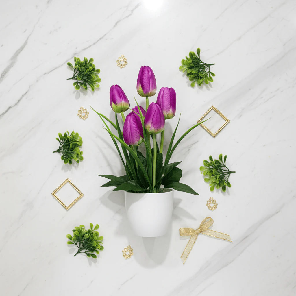 Zeem Purple & Green Artificial Tulip Bouquet in White Plastic Vase | 33cm | Premium Faux Floral Décor - Image 4