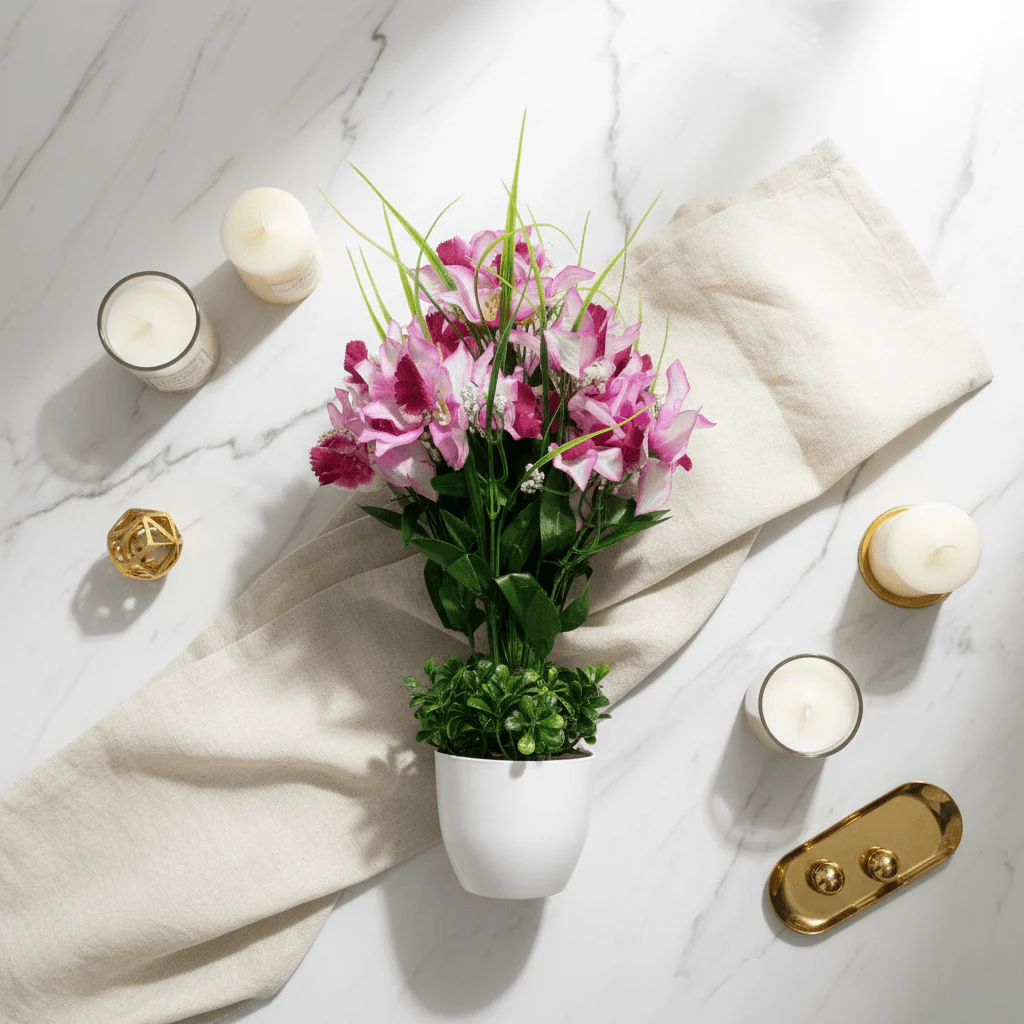 Purple & White Artificial Orchid Flower Plant with White Ceramic Vase – 38cm | Premium Home Décor - Image 2