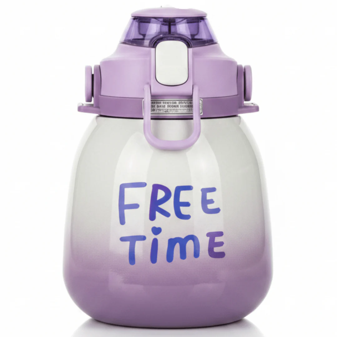 Purple & White Stainless Steel Vacuum Water Bottle with Blue Handle 1000ml