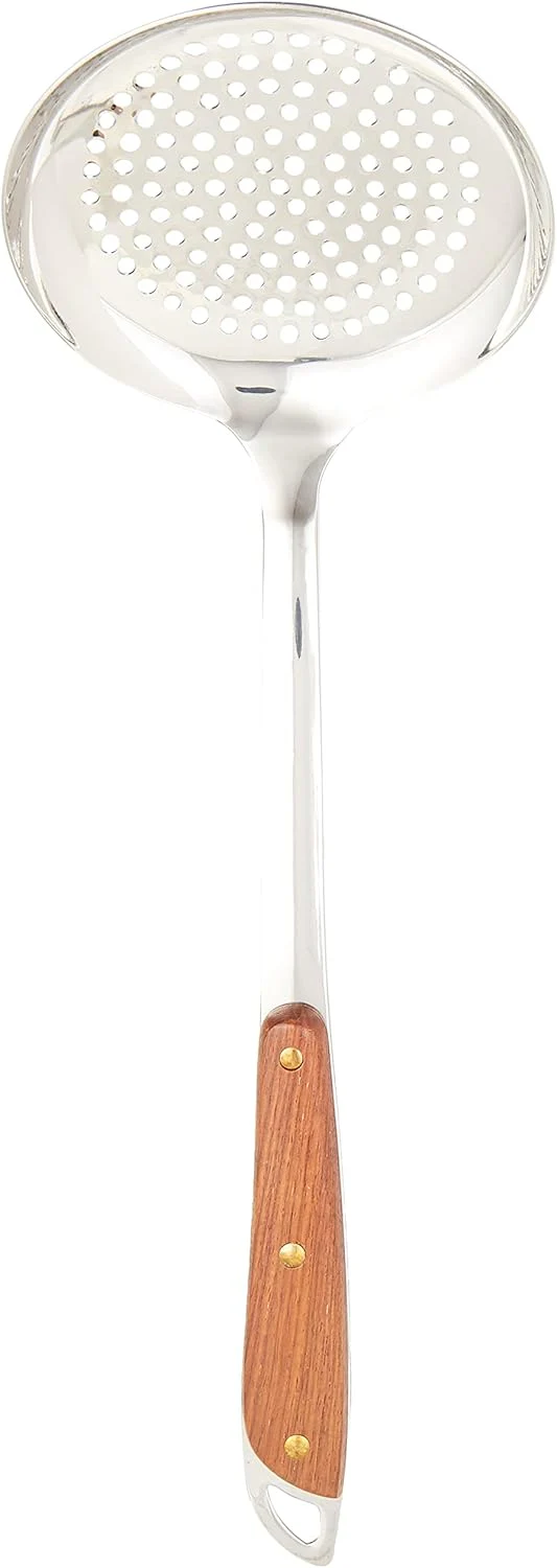 Raj Wooden Handle Skimmer 40 cm RW0003 – Deep Fry & Pasta Strainer Spoon - Image 2