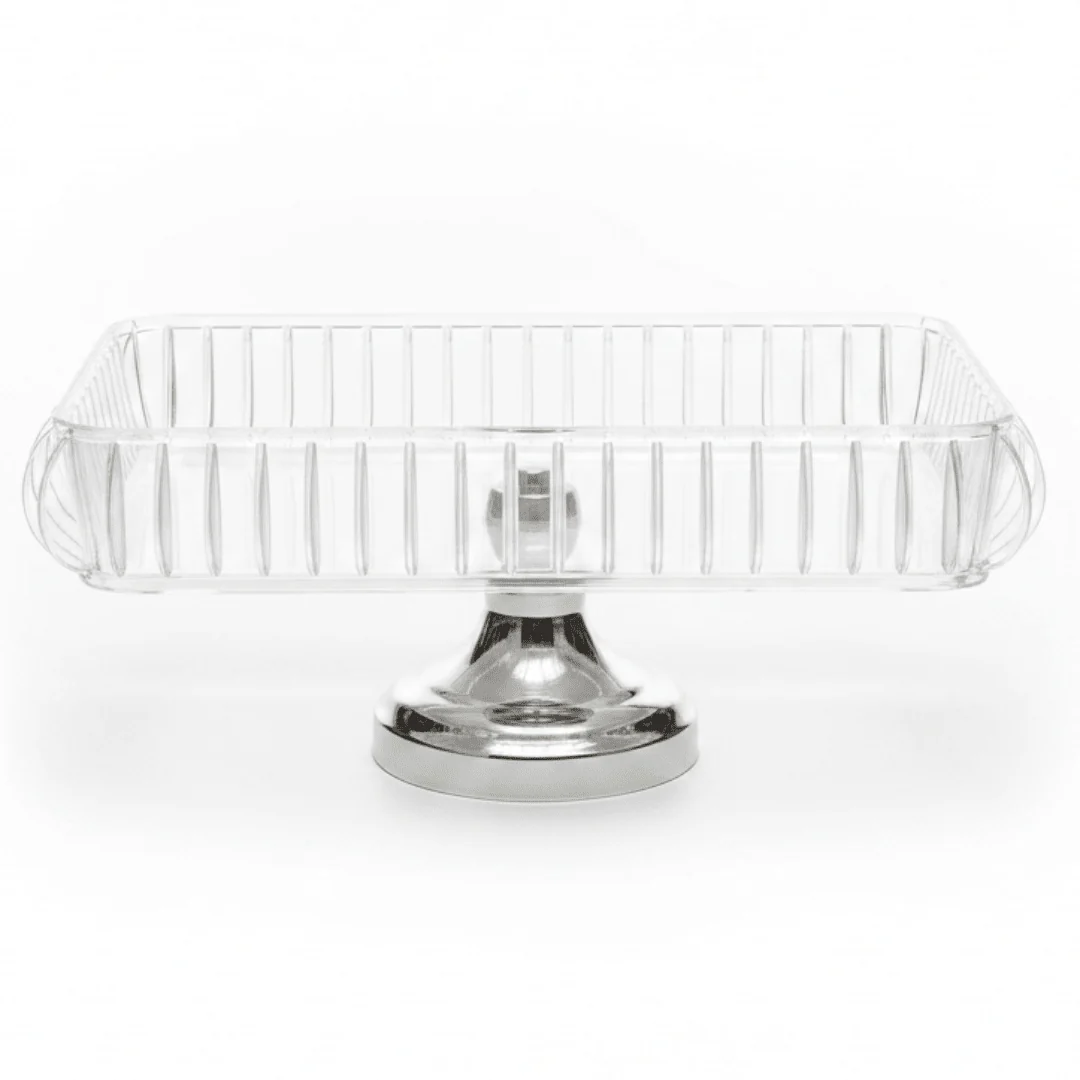 Rectangle Acrylic Candy Tray with Silver Metal Footed Base | 32×21cm | Crystal Clear Serving Dish