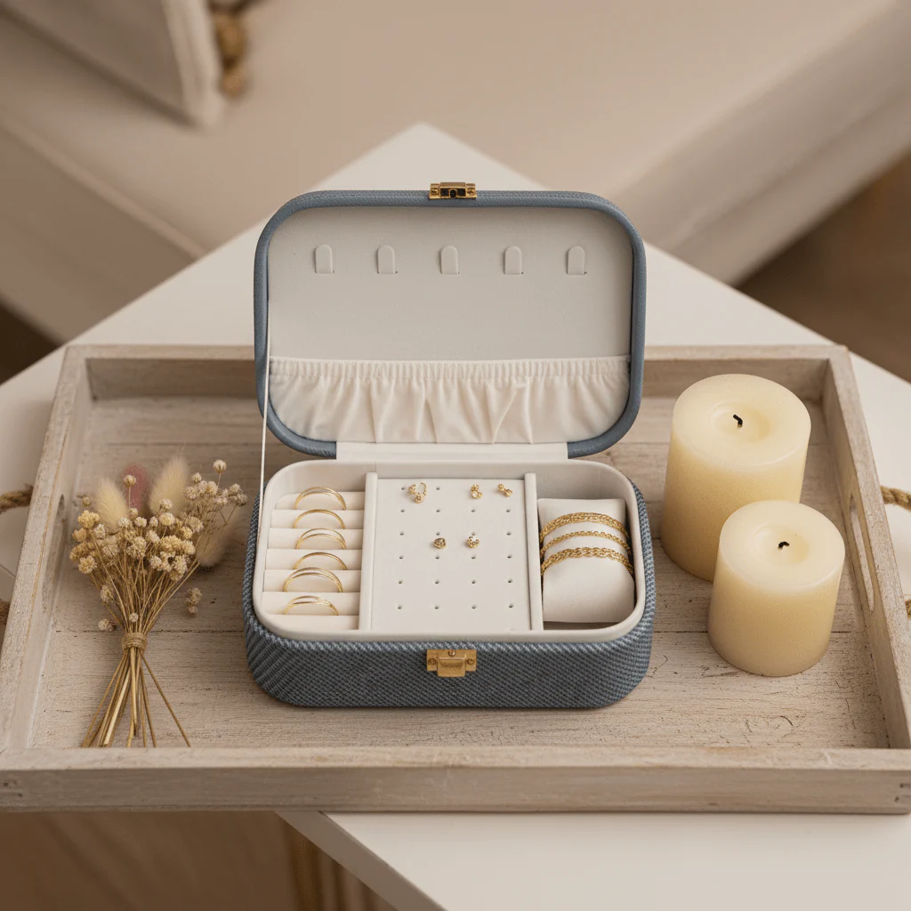 Rectangle Rexin Jewellery Box - 20×14×7cm - Grey / Pink / Cream - Image 4