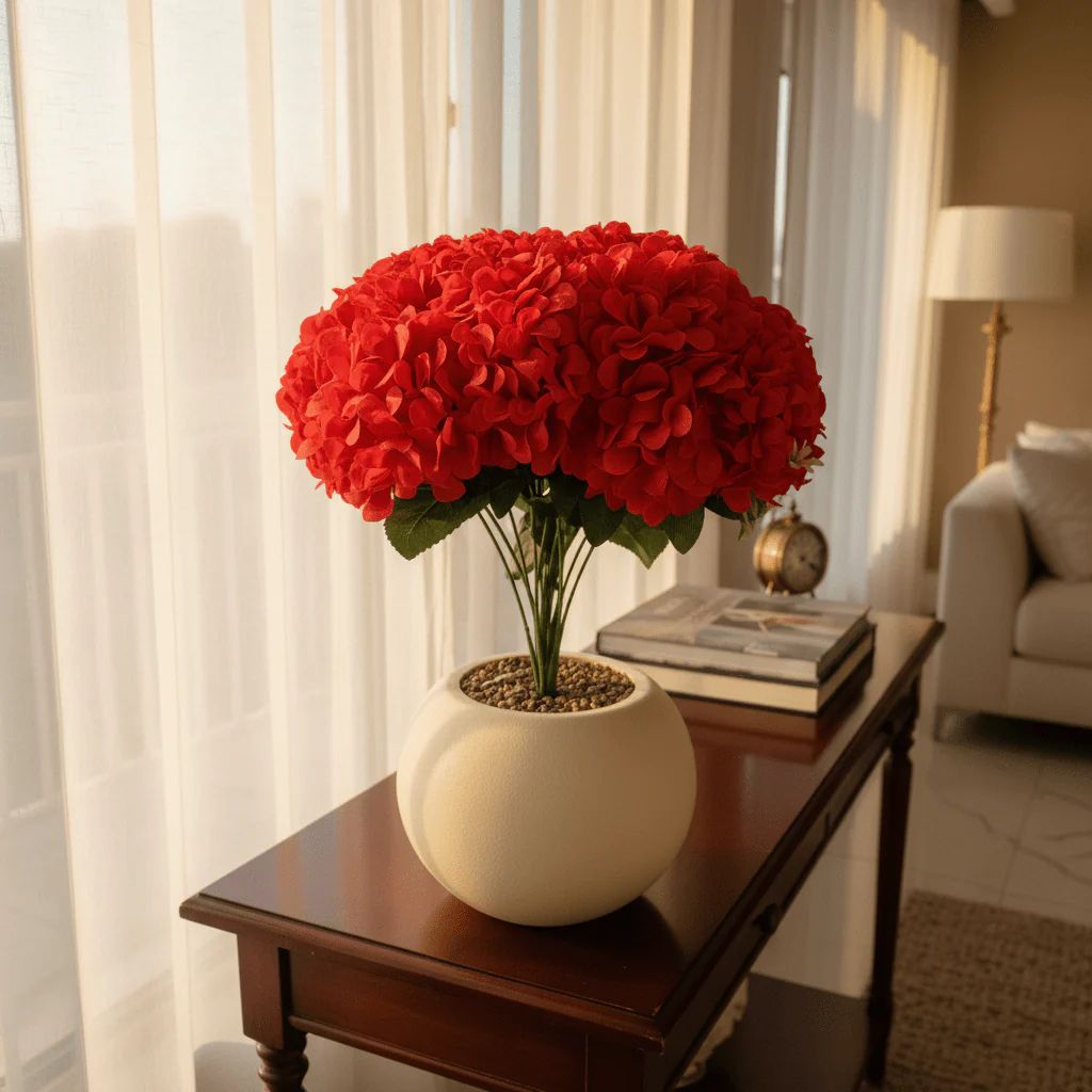 Red Artificial Hydrangea Arrangement | Cream Round Ball Pot | 35cm - Image 3