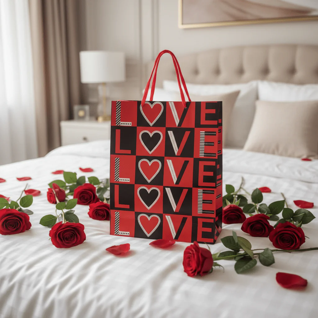 Red & Black LOVE Print Gift Bag with Heart Design | Premium Paper Gift Bag with Ribbon Handles | 40×30cm | - Image 3