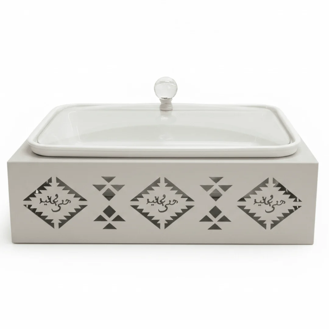 Red Home Elegant White Rectangular Ceramic Serving Tray with Off-White Metal Stand and Glass Lid for Serving, Baking, and Buffet Use (13.5 inch)