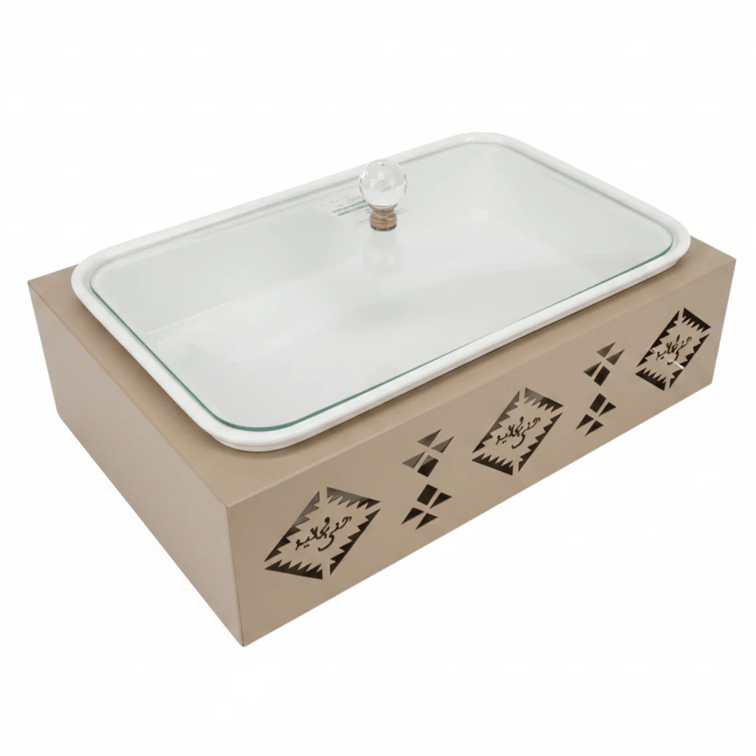 Red Home Luxury White Ceramic Serving Tray Dish with Taupe Metal Stand and Glass Lid for Buffet and Home Serving (13.5 inch)