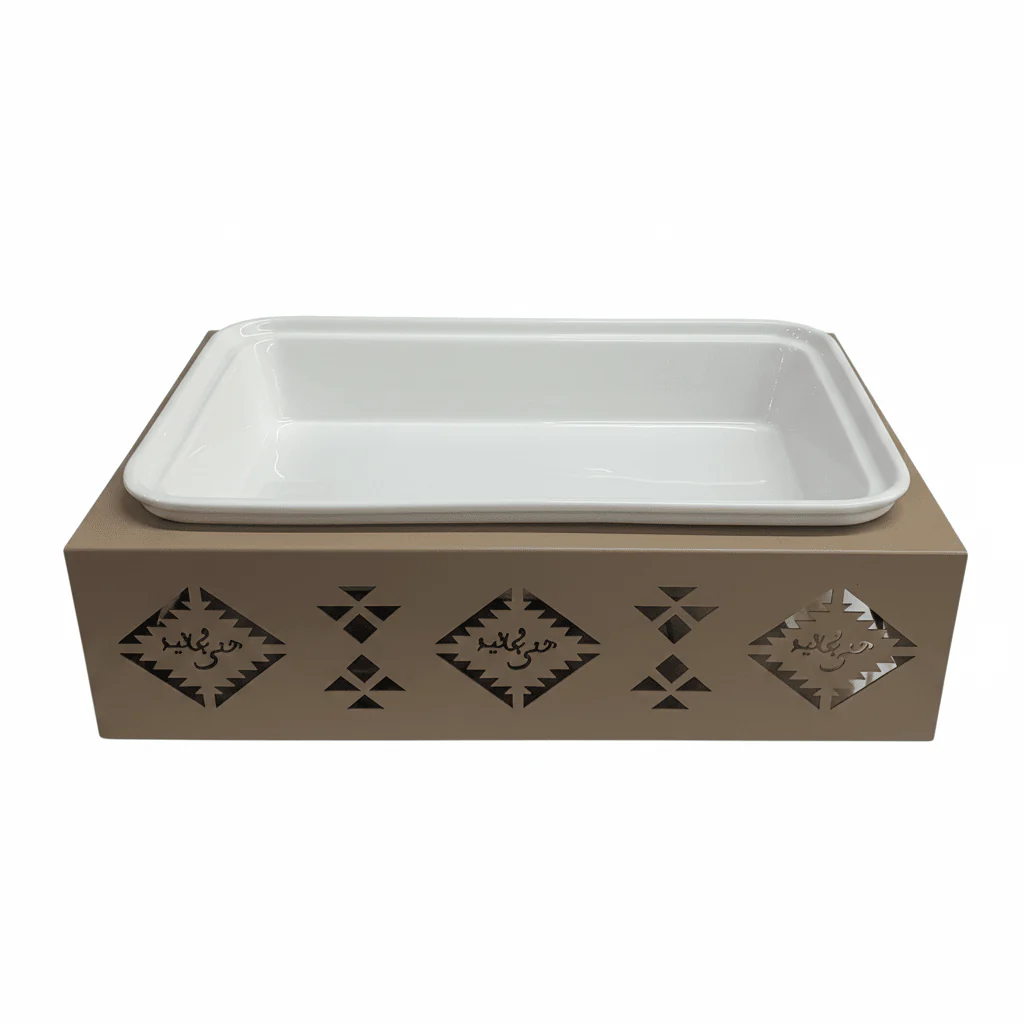 Red Home Luxury White Ceramic Serving Tray Dish with Taupe Metal Stand and Glass Lid for Buffet and Home Serving (13.5 inch) - Image 2