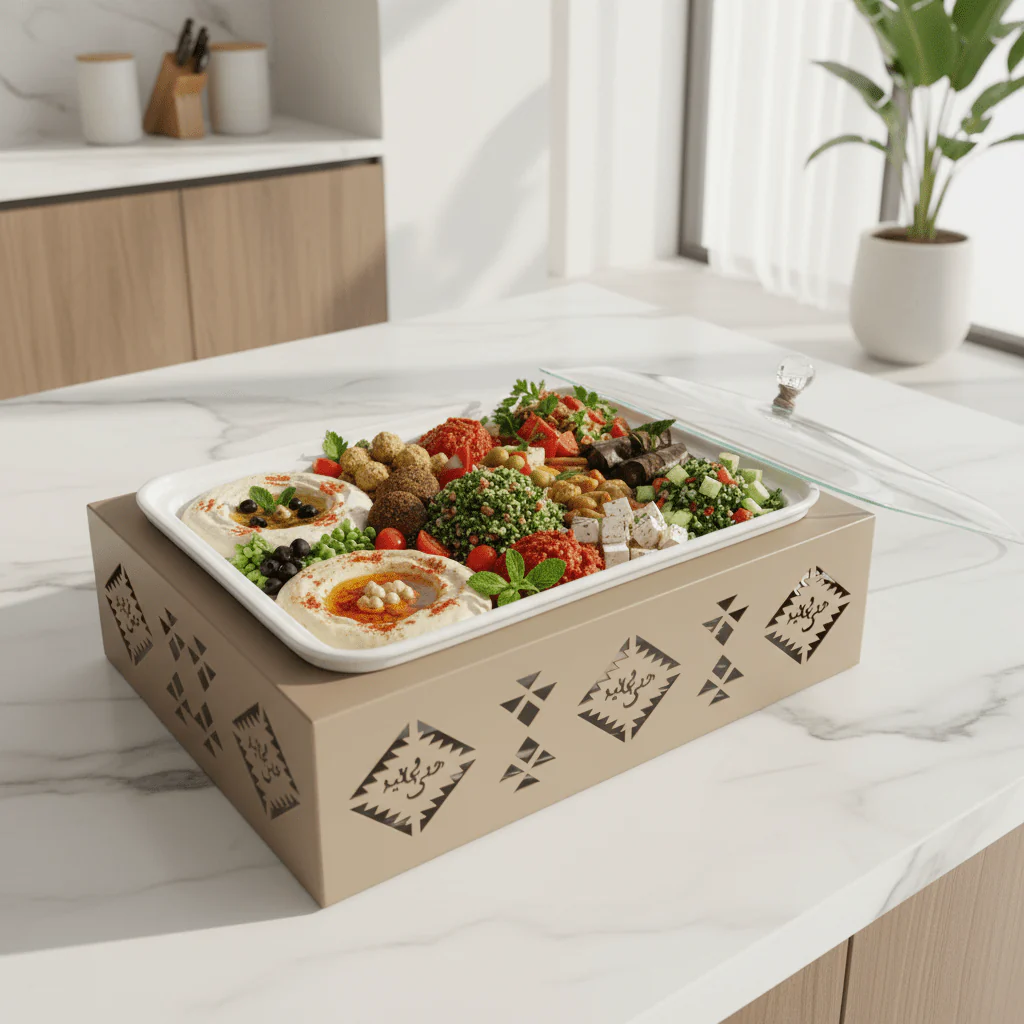 Red Home Luxury White Ceramic Serving Tray Dish with Taupe Metal Stand and Glass Lid for Buffet and Home Serving (13.5 inch) - Image 3