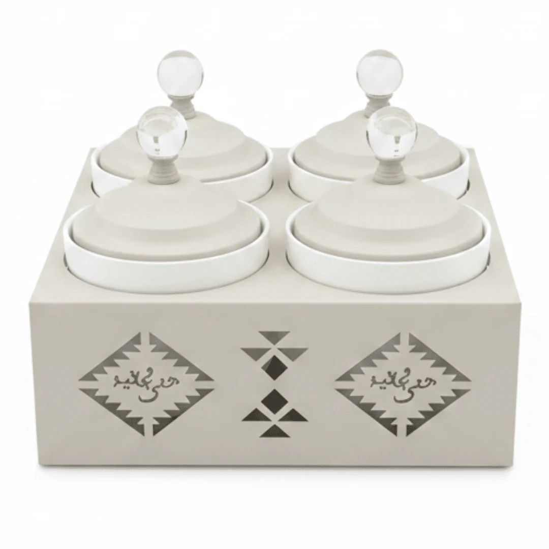 Red Home Modern 4-Piece White Ceramic Cup Collection with Off-White Metal Holder and Matching Lids for Kitchen Display (11.5 × 27 × 27 cm)