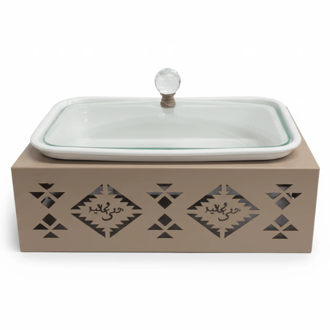 Red Home Modern White Rectangular Ceramic Serving Serving Tray with Taupe Metal Stand and Glass Lid for Dining and Gatherings (12 inch)