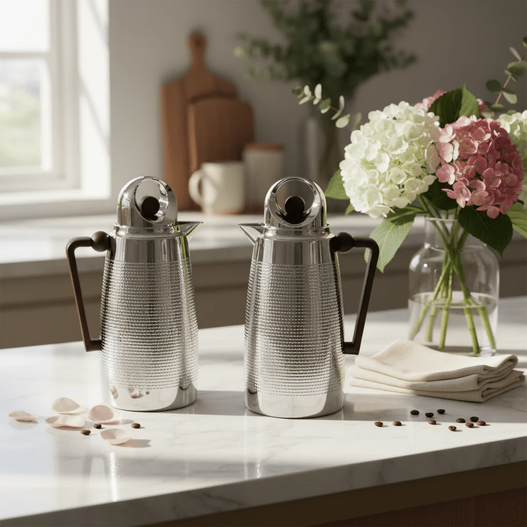 Red Home Stylish Vacuum Flask with Silver Body and Wooden Design Accent Modern Thermal Bottle 1+1 Liter - Image 4