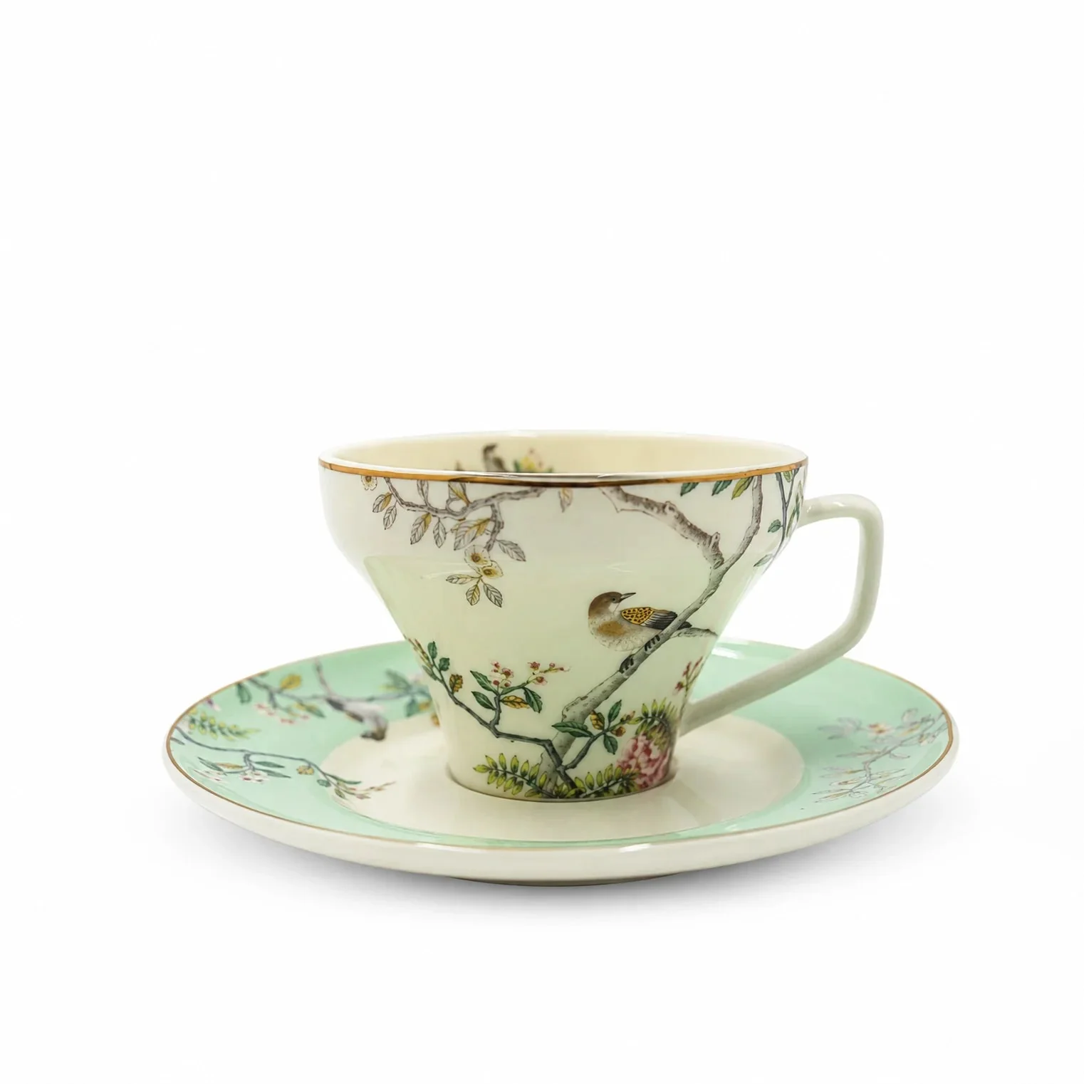 Angela RM-465 Turkish Coffee Cup & Saucer Set – 12 Pieces – Green Bird & Floral Design - Image 2