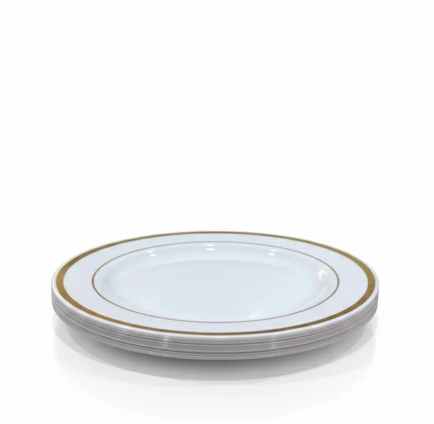 Rosymoment Premium 10" Heavyweight Disposable Plastic Plates – Golden Round Border, 48g, Set of 10 High-Quality Elegant Plates - Image 2