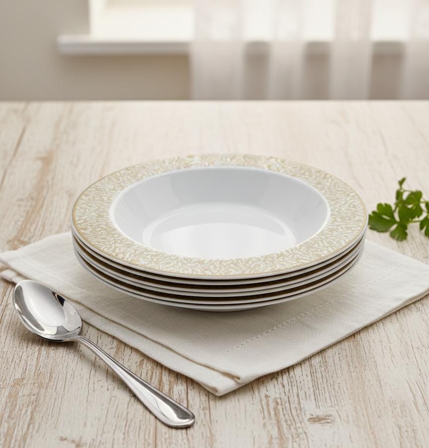 Rosymoment Premium 7.5" Heavyweight Disposable Plastic Bowls – Luxurious Golden Unique Border, 32g, Set of 10 Elegant Dining Pieces