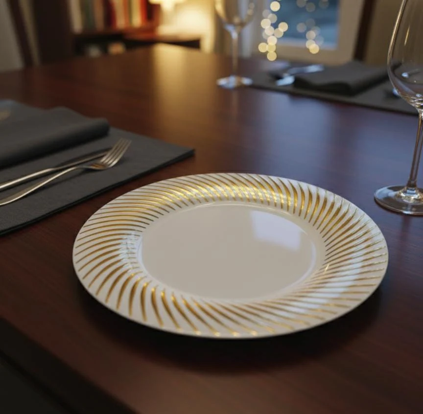 Rosymoment Premium 7.5" Heavyweight Disposable Plastic Plates – Golden Unique Border, 24g, Set of 10 Elegant Party Plates