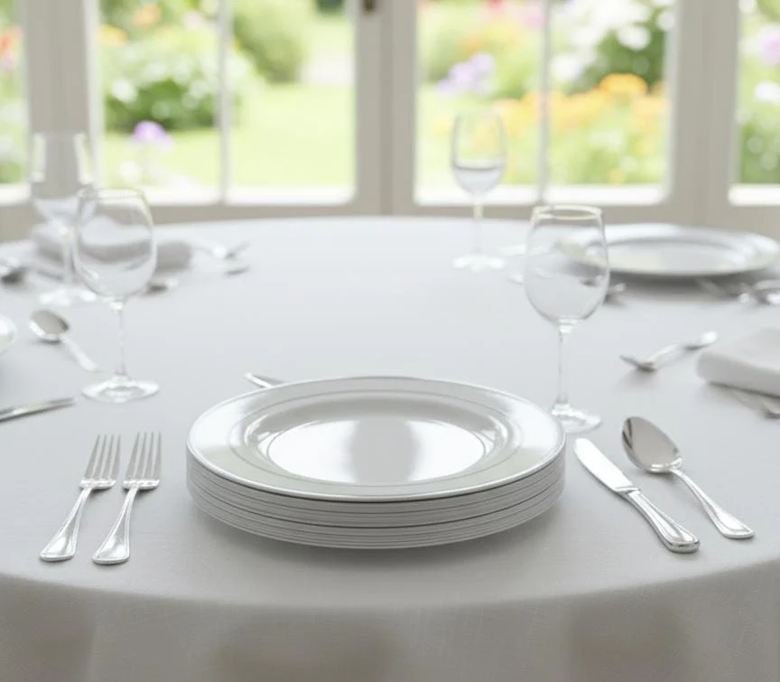 Rosymoment Premium 7.5" Heavyweight Disposable Plastic Plates – Silver Round Border, 24g, Set of 10 Sophisticated Tableware Pieces