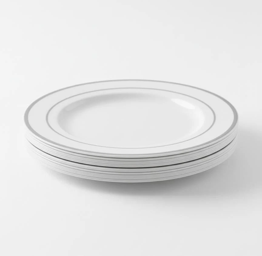 Rosymoment Premium 7.5" Heavyweight Disposable Plastic Plates – Silver Round Border, 24g, Set of 10 Sophisticated Tableware Pieces - Image 2