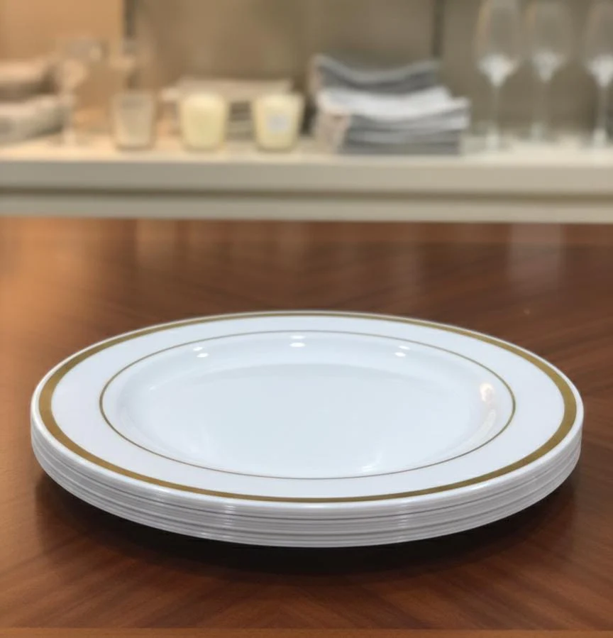 Rosymoment Premium 9" Heavyweight Disposable Plastic Plates – Golden Round Border, 35g, Set of 10 Luxurious Serving Plates