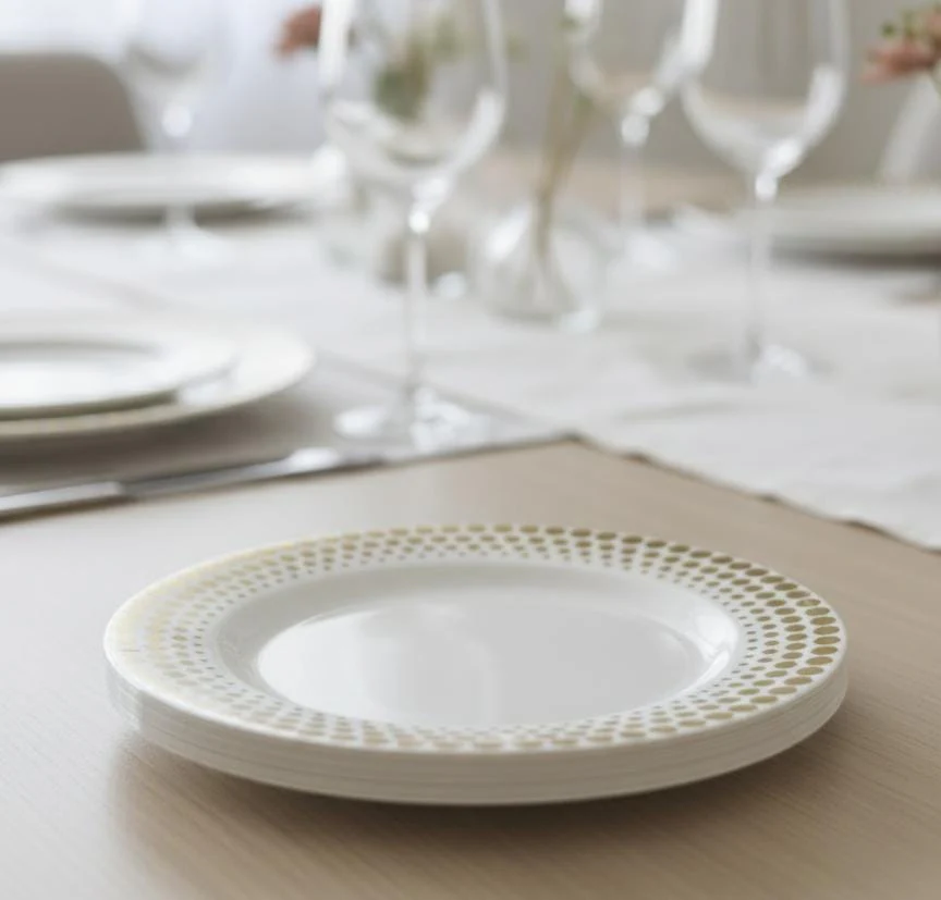 Rosymoment Premium 9" Heavyweight Disposable Plastic Plates – Golden Small Round Border, 35g, Set of 10 Elegant Tableware Plates