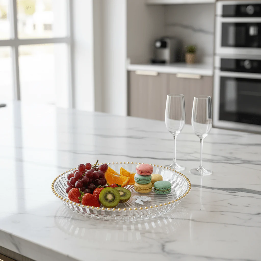 Round Acrylic Serving Tray with Gold Beaded Rim | 33.5 × 47 cm - Image 2