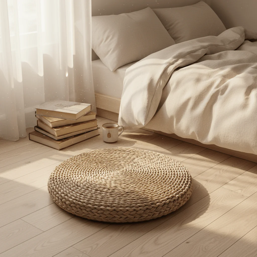 Round Rattan Floor Cushion Natural Seagrass Weave - 45cm / 40cm - Image 3
