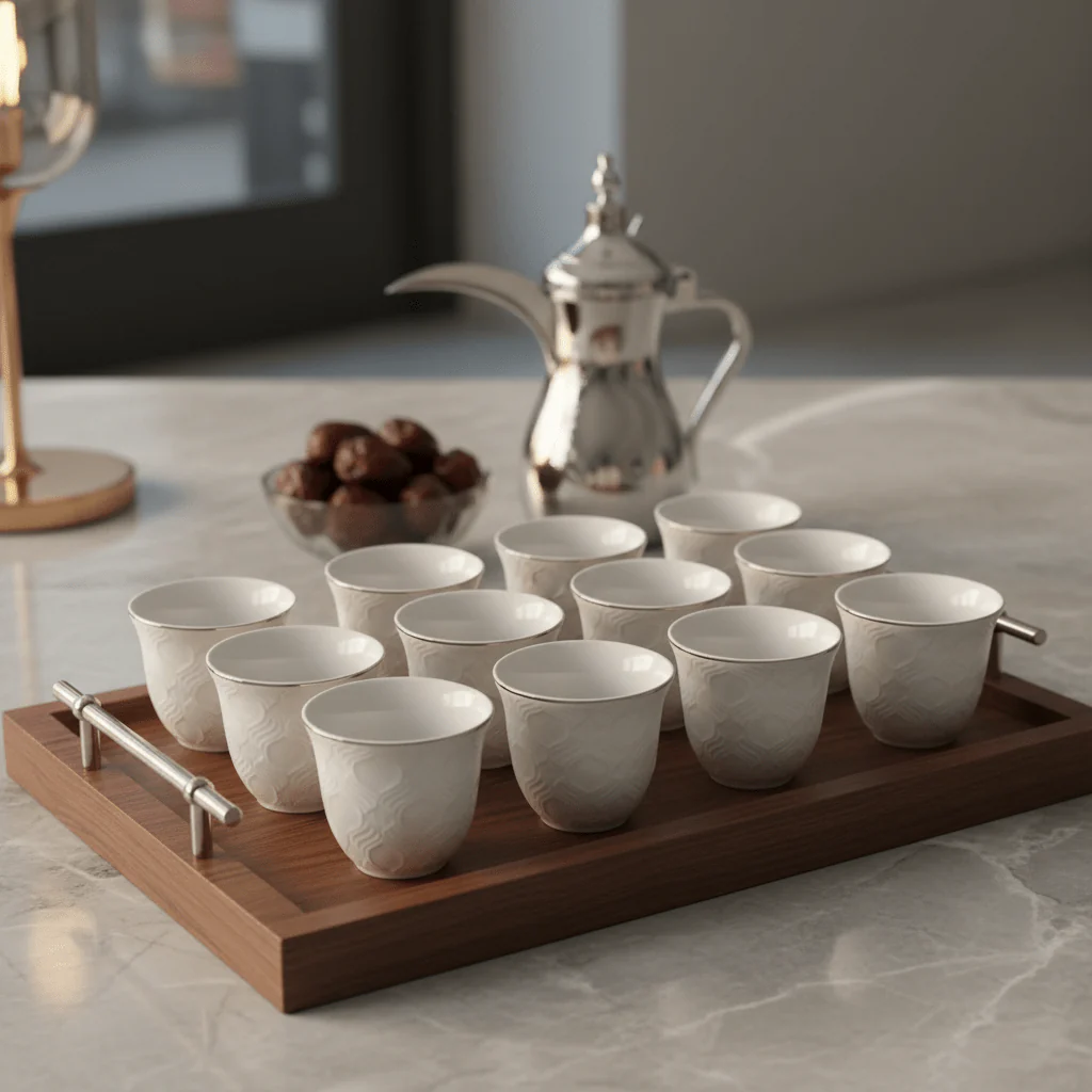 Royal Ford 12pcs White Ceramic Cawa Cup Set with Golden Rim Elegant Luxury Design 80ml Premium Arabic Coffee Cups for Hospitality and Serving Use - Image 2
