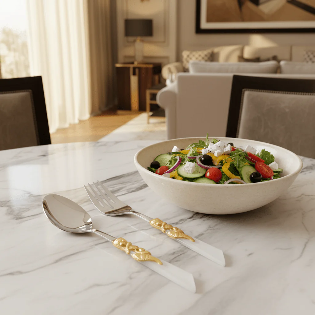Royal Victoria Elegant Stainless Steel Silver Salad Serving Set (2 pcs) – Classic Stylish Kitchen Utensils 28×30 cm - Image 2