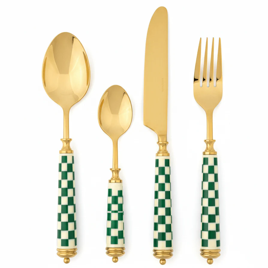 Royal Victoria Gold Cutlery Set with Green & White Handles (24 Pieces) for Modern Table Setting