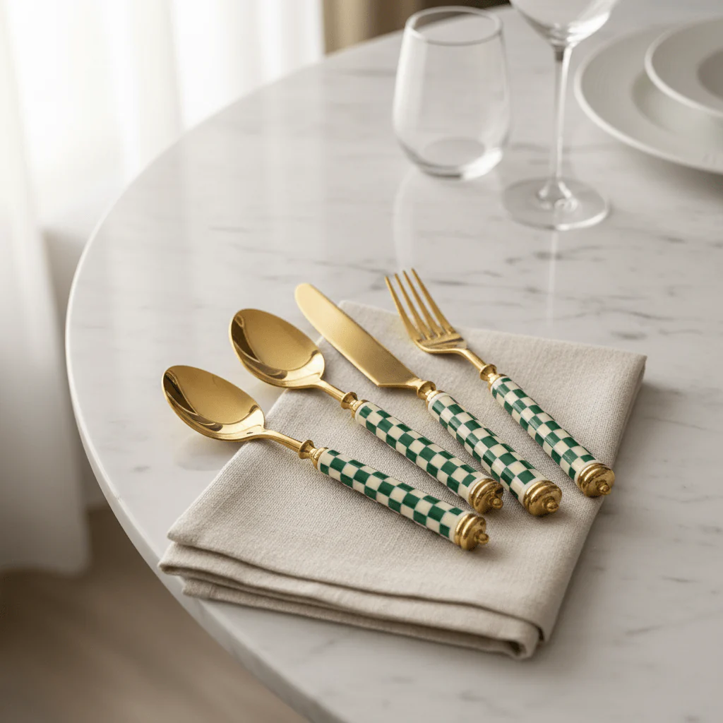 Royal Victoria Gold Cutlery Set with Green & White Handles (24 Pieces) for Modern Table Setting - Image 2