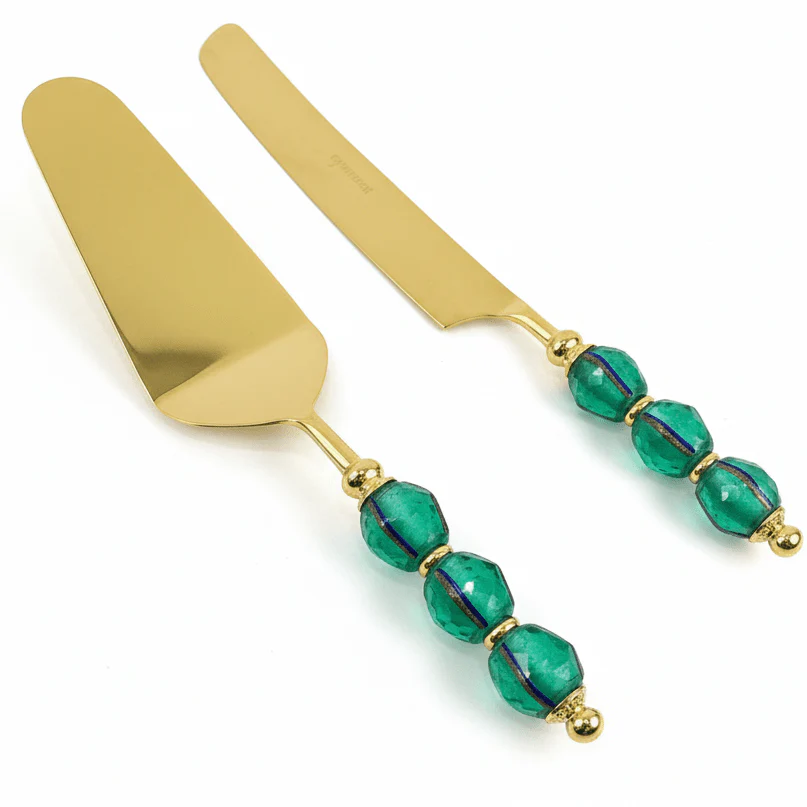 Royal Victoria Gold Stainless Steel Cake Serving Set with Stylish Green Handles (2 pcs) – Elegant Party Essential 28×30 cm