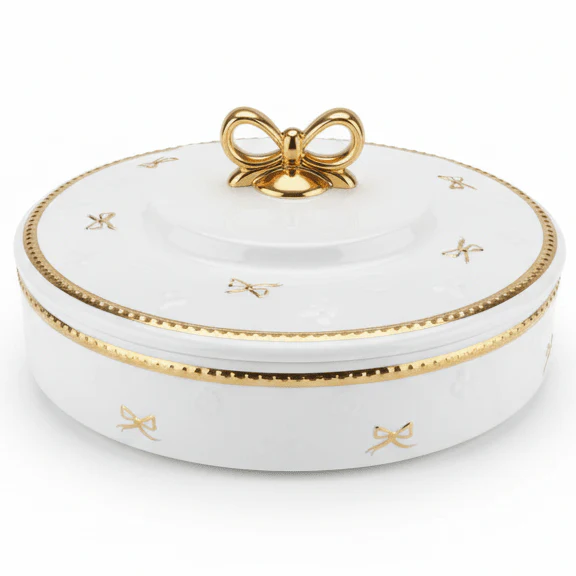 Royal Victoria Luxe White & Gold Ceramic Candy Box with Lid Decorative Storage Container 25×6cm