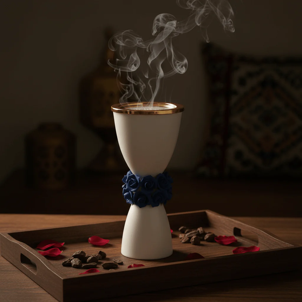 Royal Victoria White and Gold Ceramic Incense Burner with Blue Flower Design Luxury Decor 23cm - Image 2
