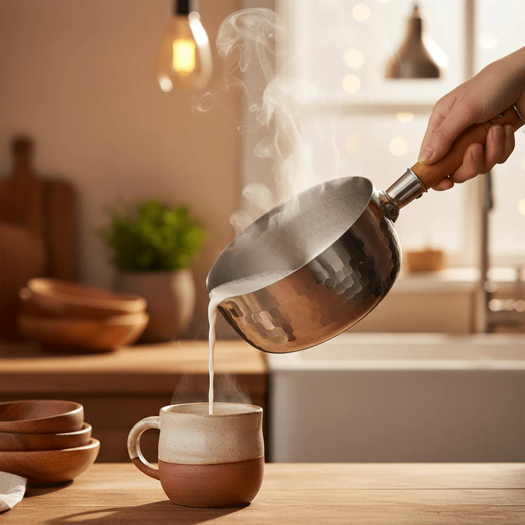 Royalford 18/20cm Stainless Steel Snow Pot / Milk Pan with Hammered Wooden Handle - Image 3