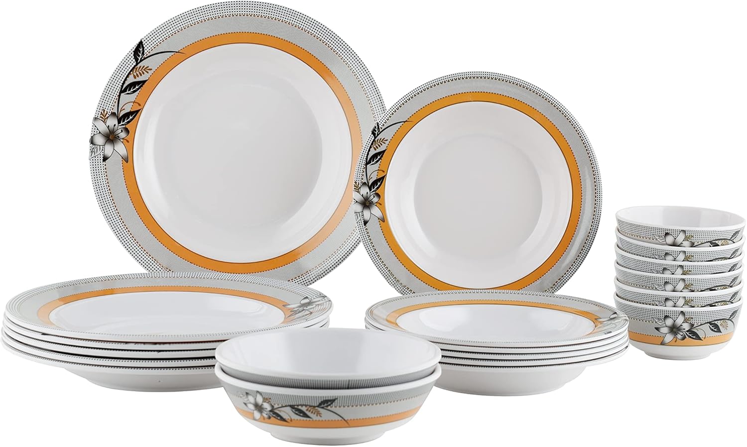 Royalford 20 pcs Melamine Ware Dinner Set, White With Orange, RF7437